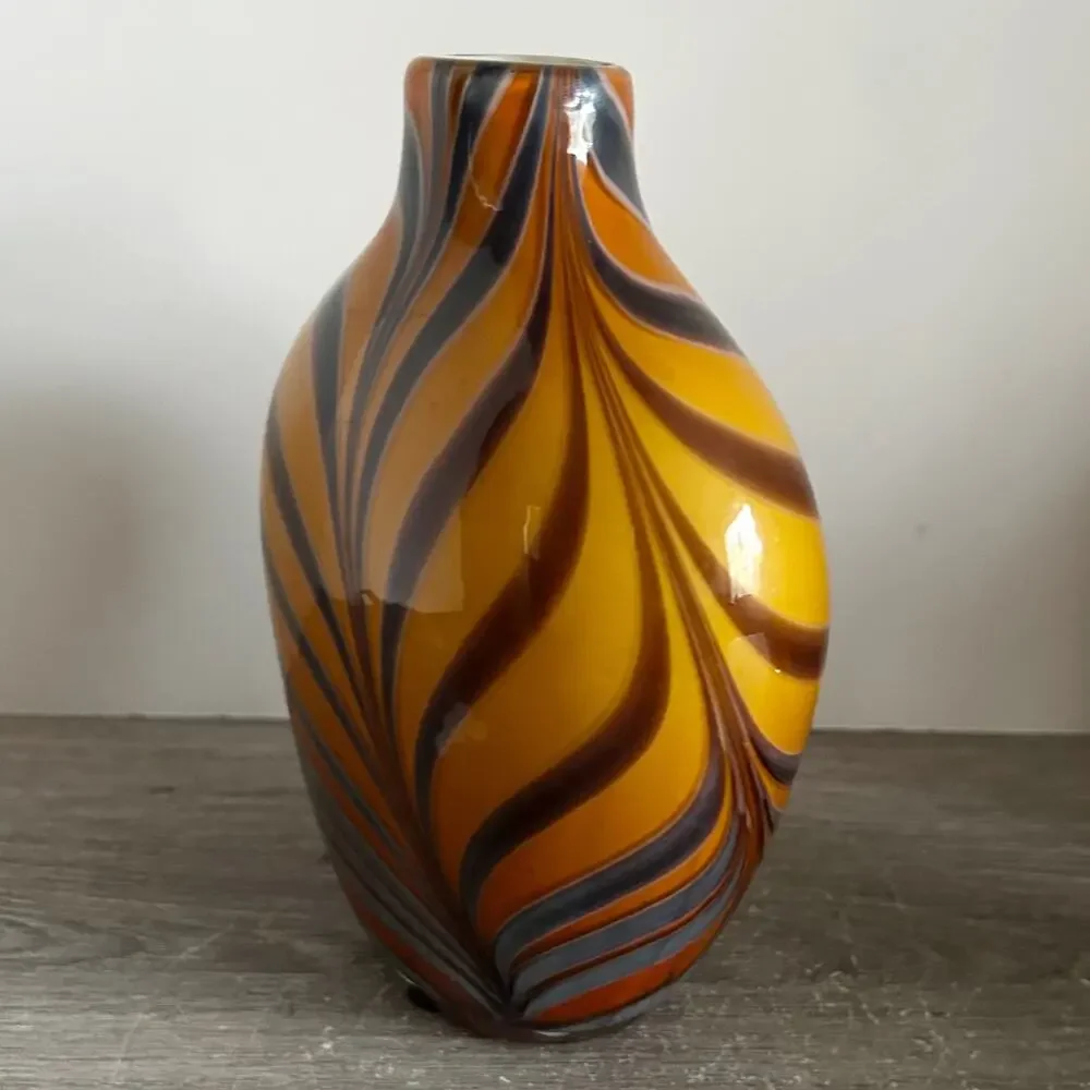 Vintage Murano Style Cased Tiger Strip / Pulled Feather Glass 8” Vase Set of 3